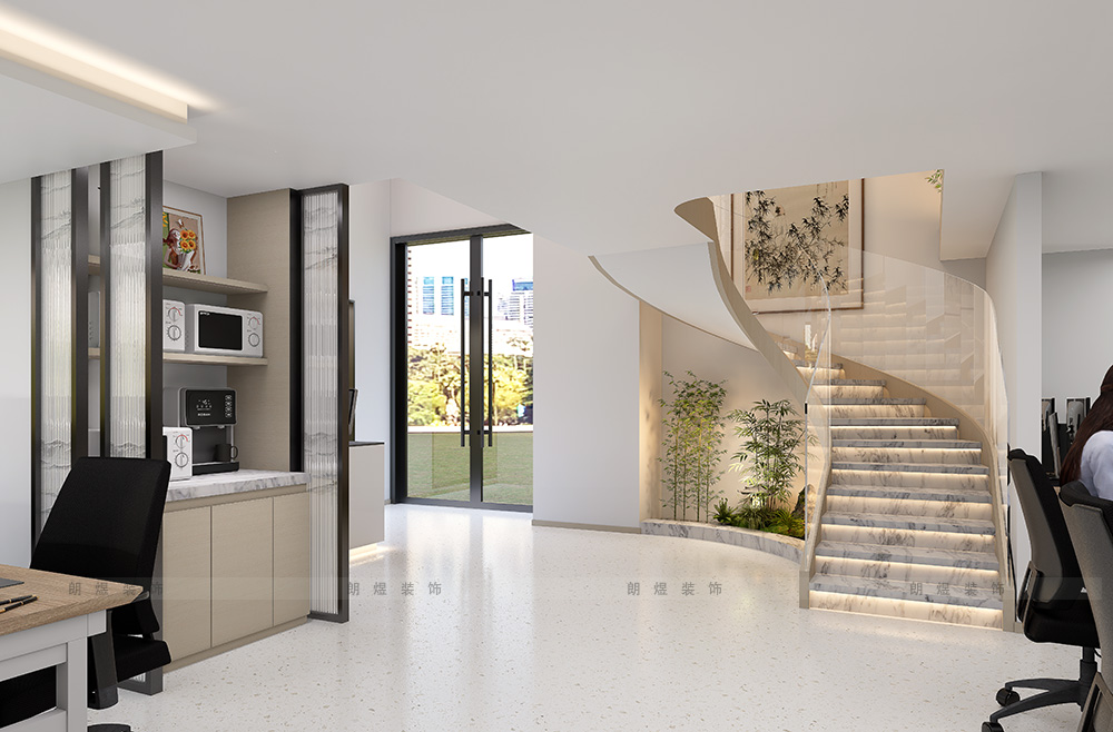 辦公室一層辦公茶水臺區(qū)域裝修效果圖